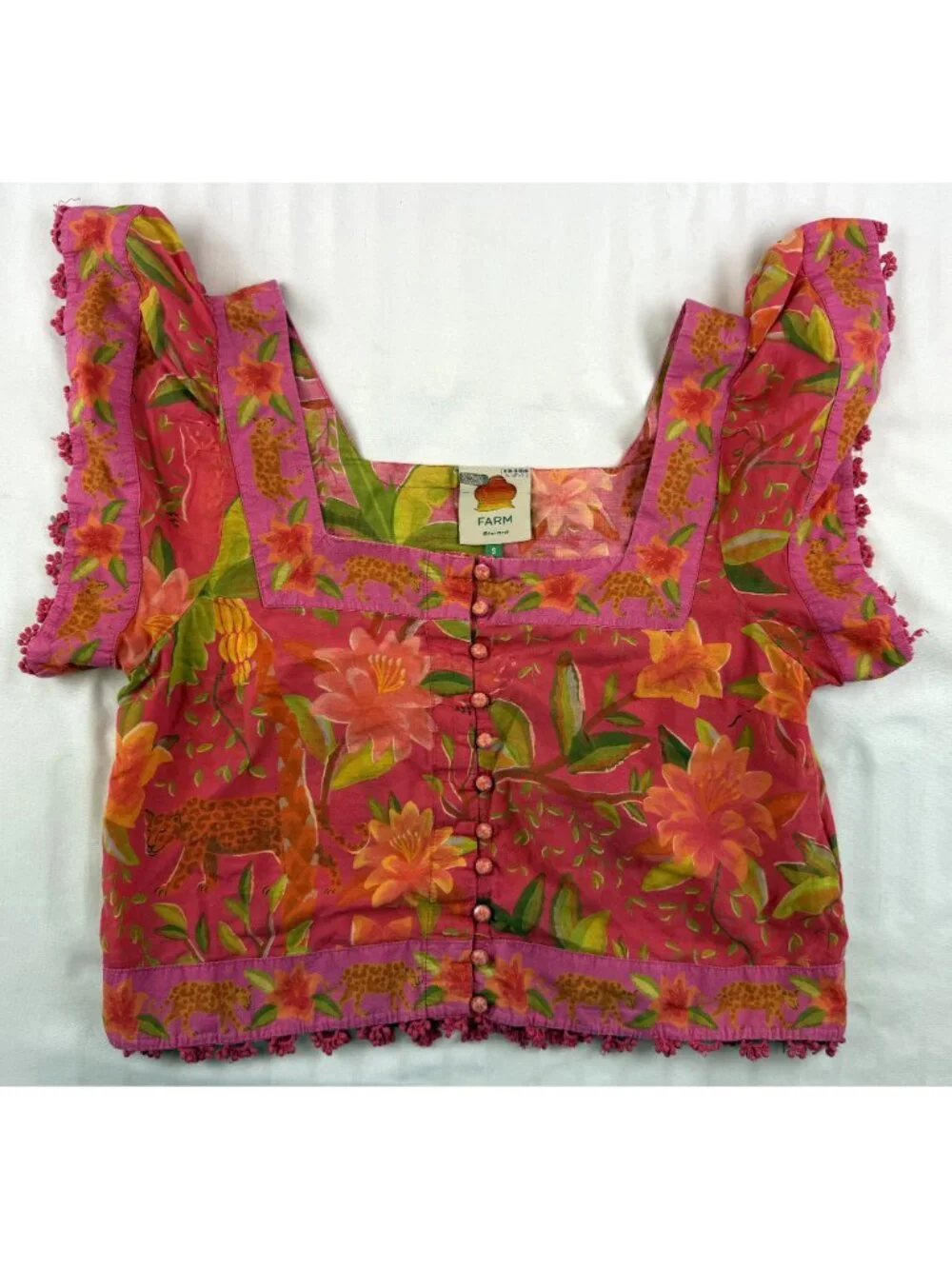 Farm Rio Tropical Print Puff Sleeve Crop Top Pink S